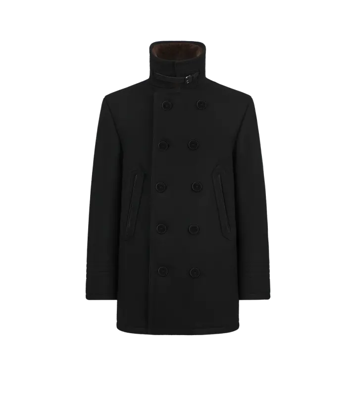 MELTON WOOL SHEARLING PEACOAT COMBO BLACK & BROWN online